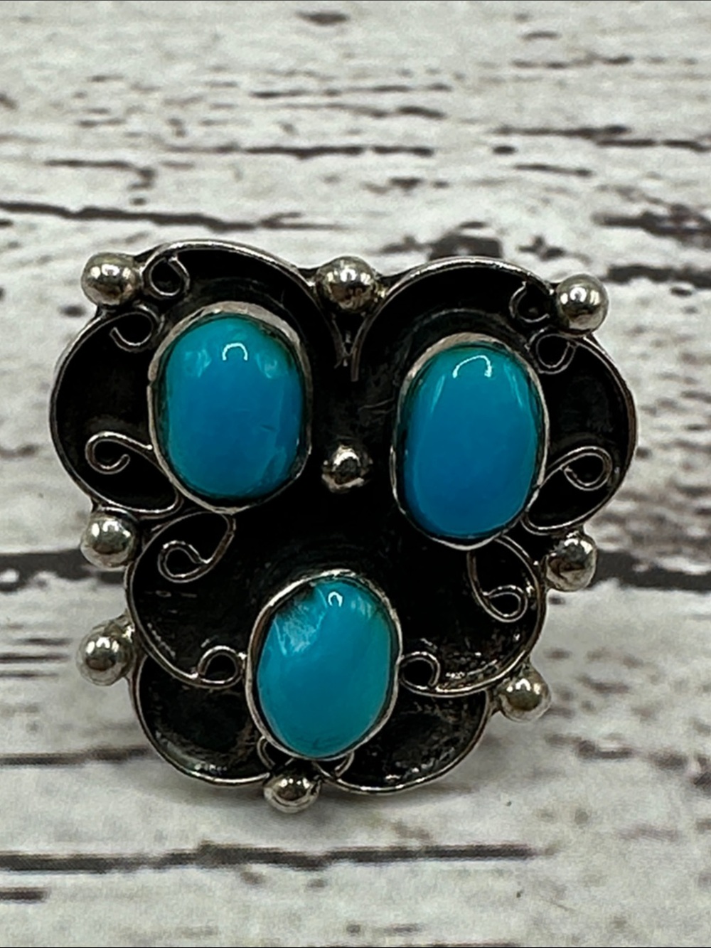 Triple Turquoise Cabochon Silver Statement Ring - Blue